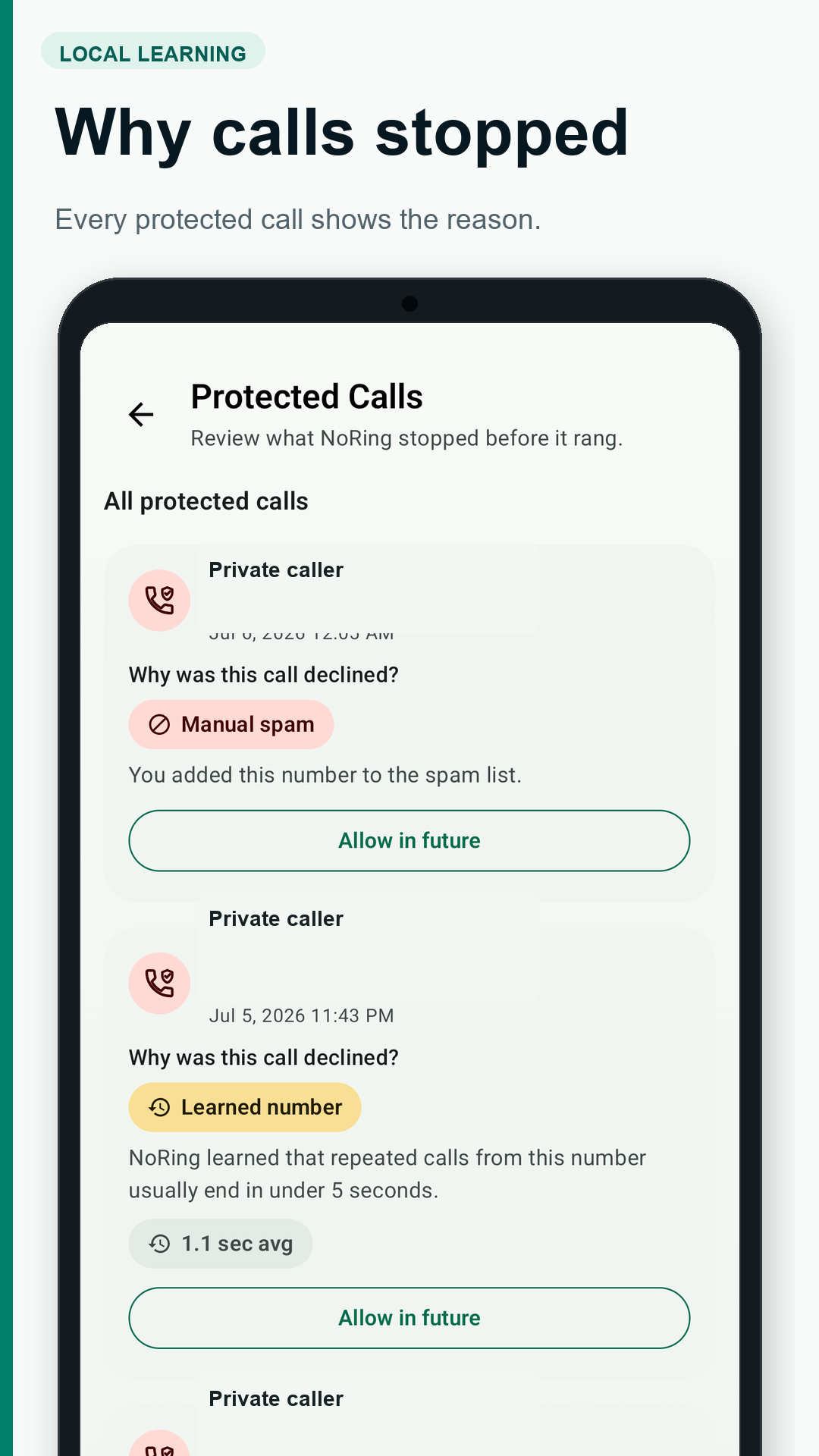NoRing Protected Calls screen showing private caller labels and local decision reasons