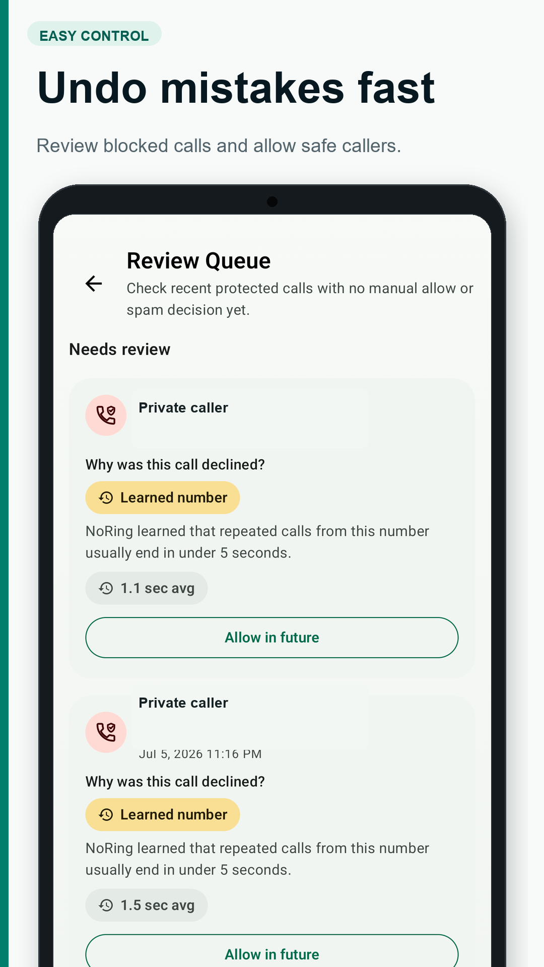 NoRing Review Queue screen showing protected calls with reasons and an Allow in future action