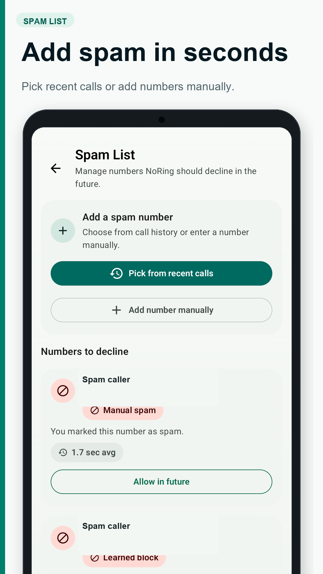 NoRing Spam List screen showing recent-call picking, manual number entry, and private spam caller labels