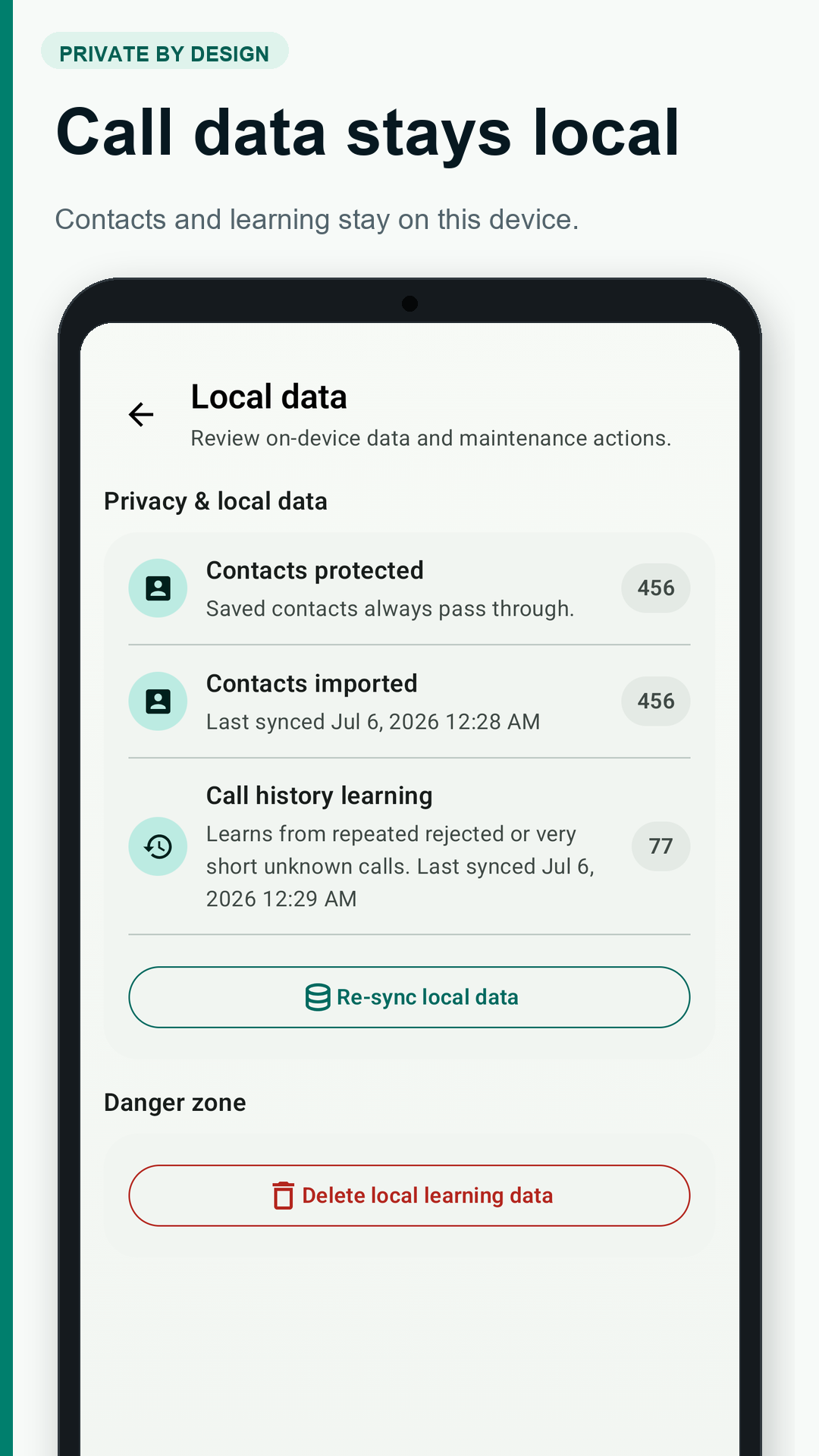 NoRing Local data settings showing contacts protected and call history learning stored on device
