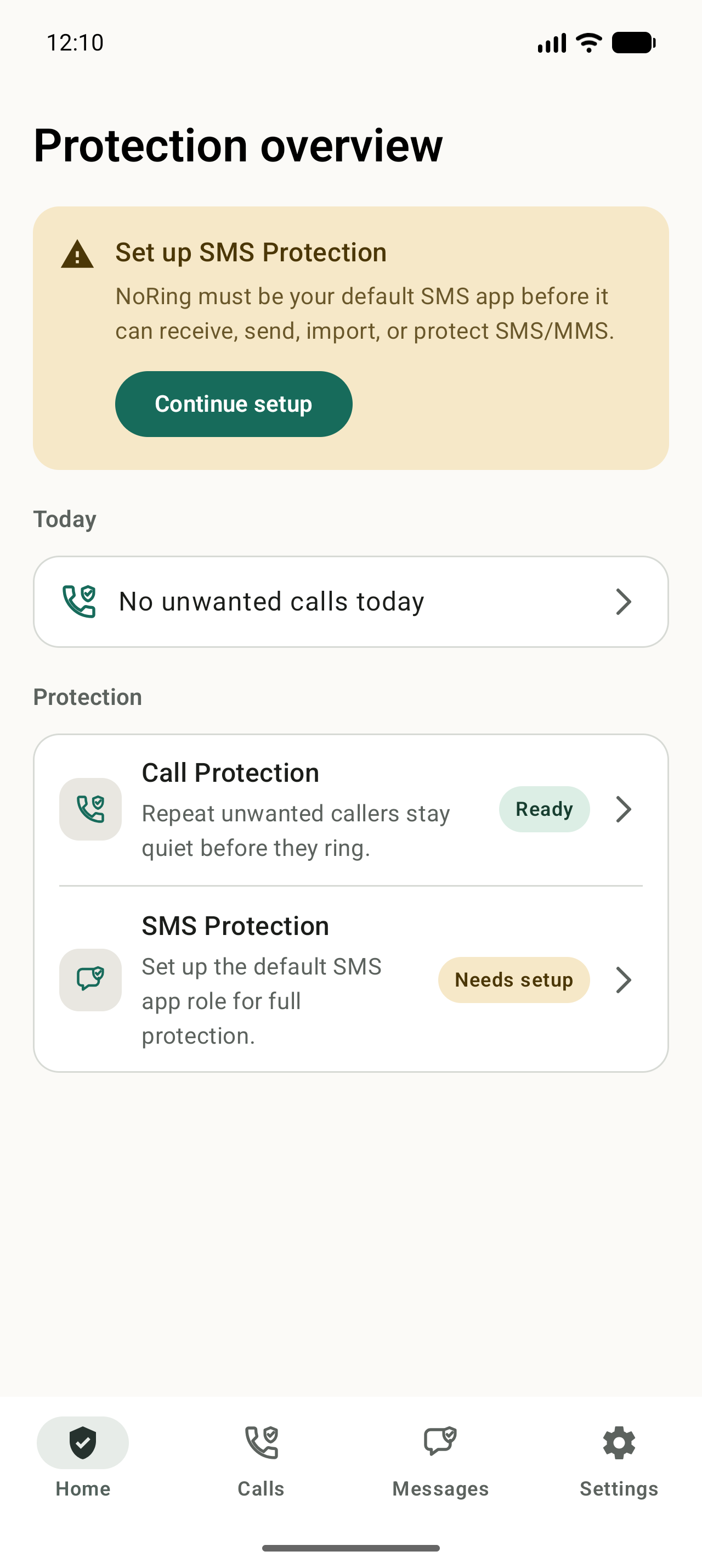 NoRing setup screen showing separate Call Protection and SMS Protection readiness